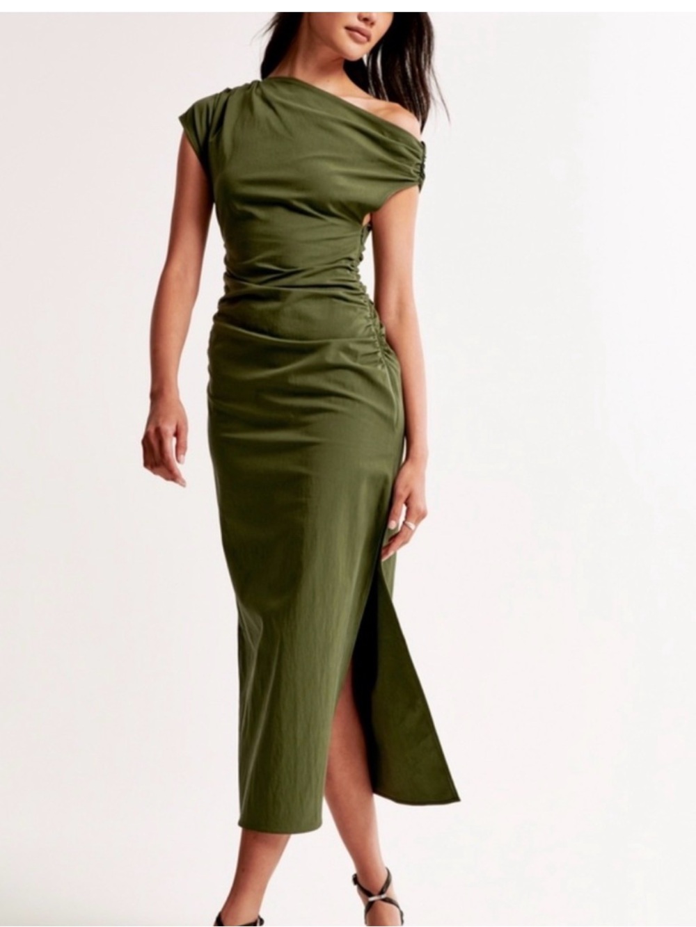 Abercrombie & Fitch Olive One-Shoulder Ruched Midi Dress
